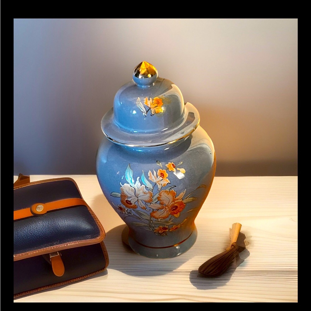Japanese Grey Ginger Jar W/ Peach Floral Pattern On Front & Lid Japan Vintage